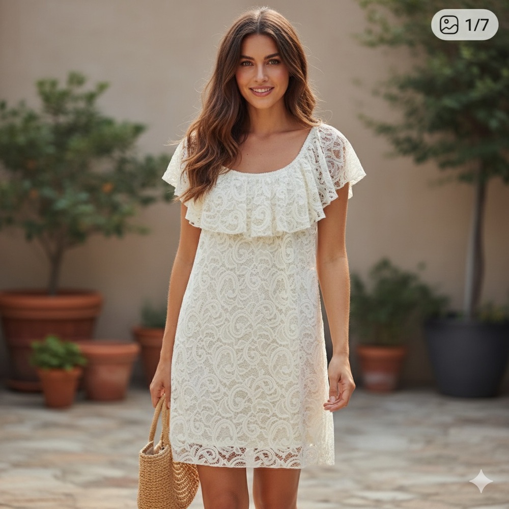 R ROUGE Lace Dress M 20.5” P2P Ivory EUC